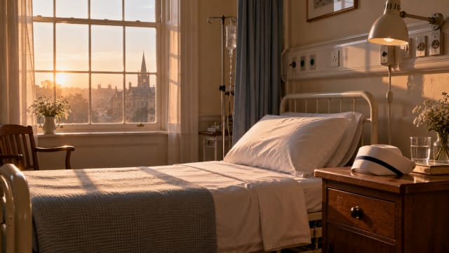 A quiet hospital room at dawn with a single made bed, a window full of pale light and a folded nurse's cap resting on the bedside table.