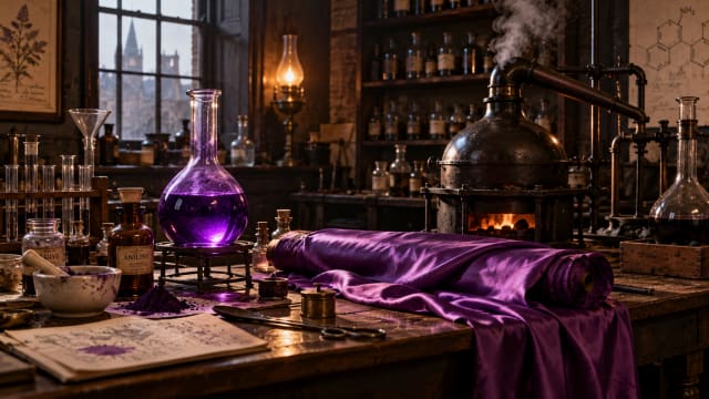 A Victorian laboratory bench where a glass flask of violet liquid glows beside a bolt of freshly dyed silk and a smoking coal tar retort.