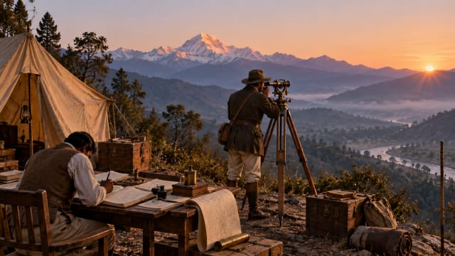 A nineteenth century survey camp in the Himalayan foothills where a theodolite on a tripod points toward a distant snow peak at dawn while a clerk bends over a table of figures.