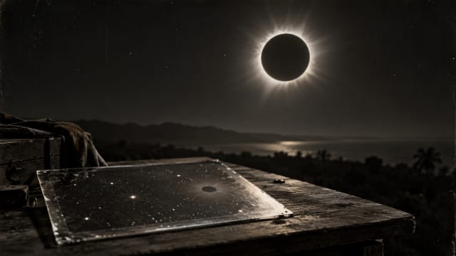 A darkened sun ringed by a pale corona above a row of photographic plates on a wooden table, one plate set apart from the others.