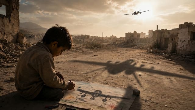 A cinematic, wide-angle editorial illustration depicting a young child sitting on the ground in a war-torn urban environment. The child is focused on drawing a military drone with crayons on a large sheet of paper. In the sky above, a real military drone flies high and distant toward the viewer, casting a large, looming shadow across the dusty ground and the child's drawing. The scene is set against a backdrop of crumbling ruins and a hazy, late-afternoon sun.