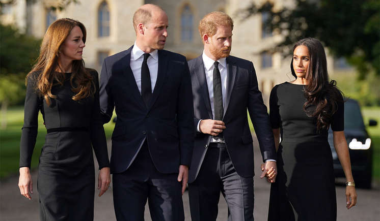 Catherine, Princess of Wales, Prince William, Prince Harry, and Meghan Markle walking together in black mourning attire outside Windsor Castle.