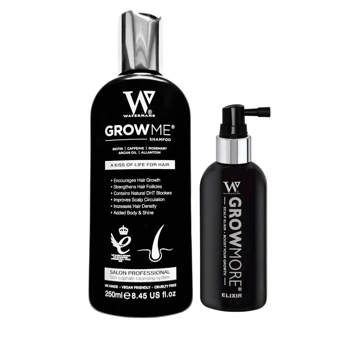 Two black bottles of Watermans hair growth products — the 