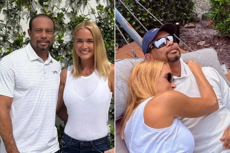 Tiger Woods and Vanessa Trump together — posing side by side outdoors in one, and relaxing closely together on a lounge chair in the other.