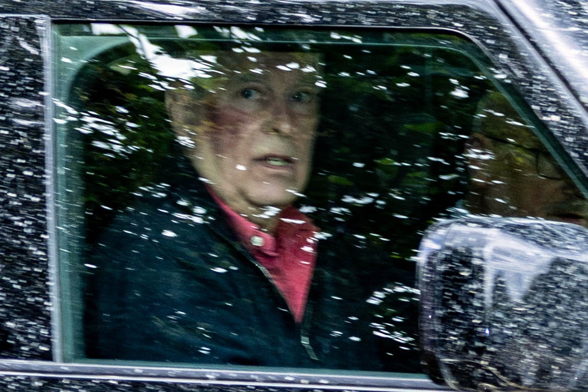 Andrew Mountbatten wearing a dark jacket and pink/red scarf looks out through a car window with rain or snow visible on the glass.