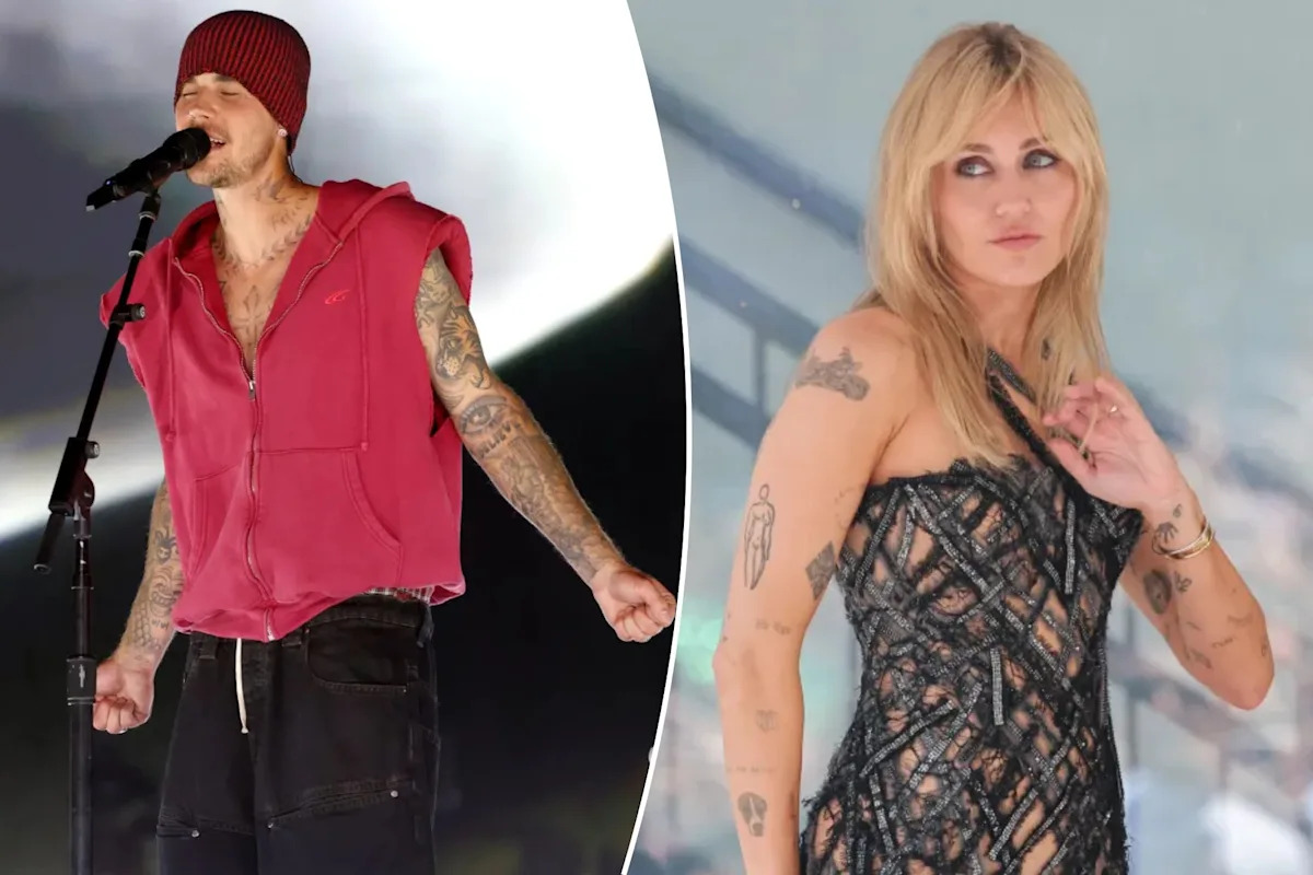Jstin Bieber performing on stage in a red sleeveless hoodie and beanie, alongside a separate image of Miley Cyrus in a black lattice dress