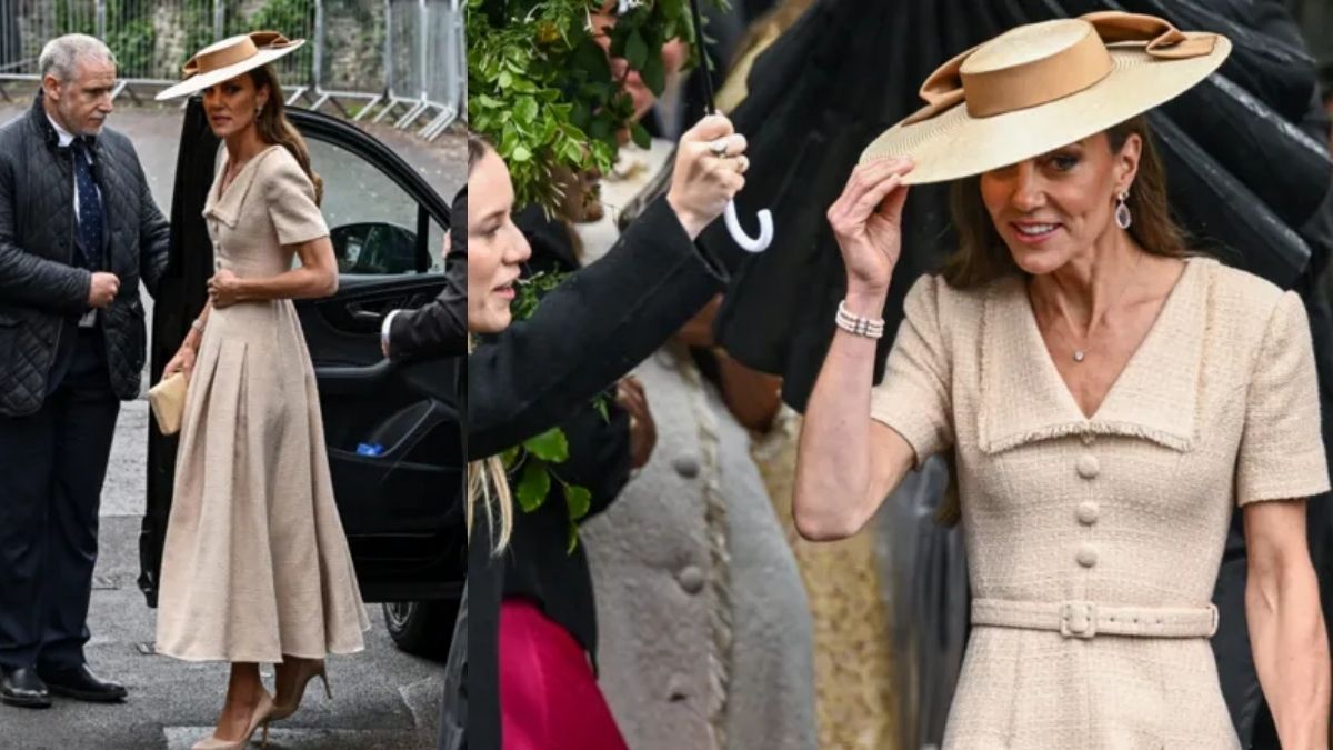 Catherine, Princess of Wales, in a beige tweed dress and wide-brimmed camel hat, arriving at and attending a wedding.