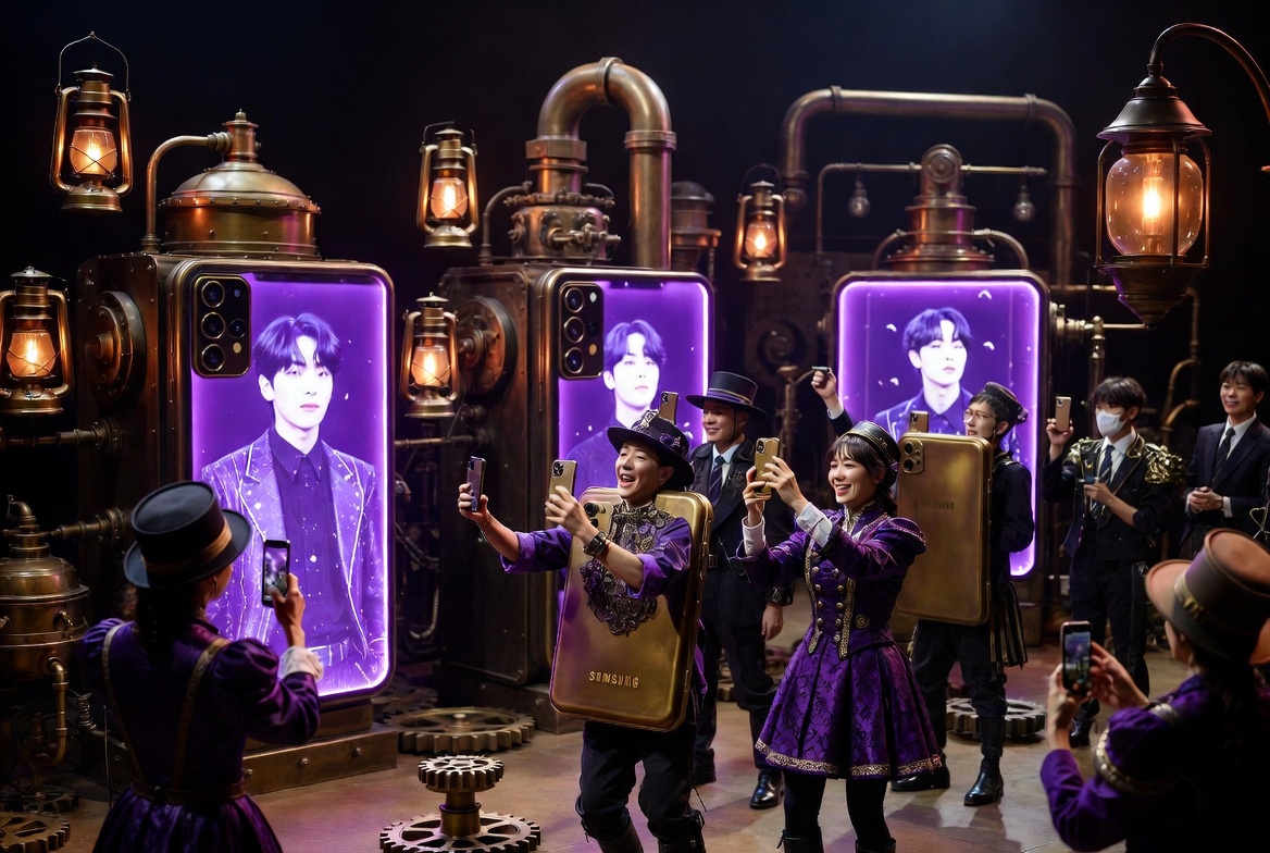 A steampunk-themed display features large smartphones with purple-lit portraits and figures in Victorian costumes posing beneath brass lanterns.