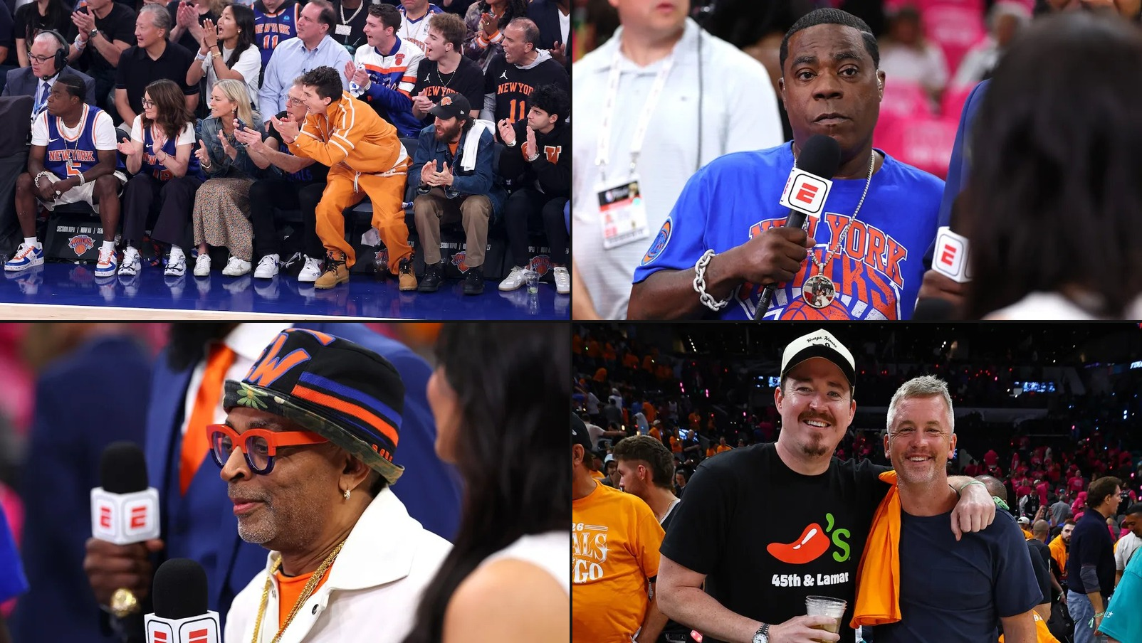 Timothée Chalamet, Tracy Morgan, Spike Lee, and Shane Gillis with Matt McCusker at a New York Knicks game.