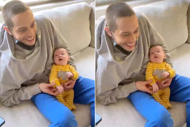 Pete Davidson holding his baby in a two-panel candid shot at home.