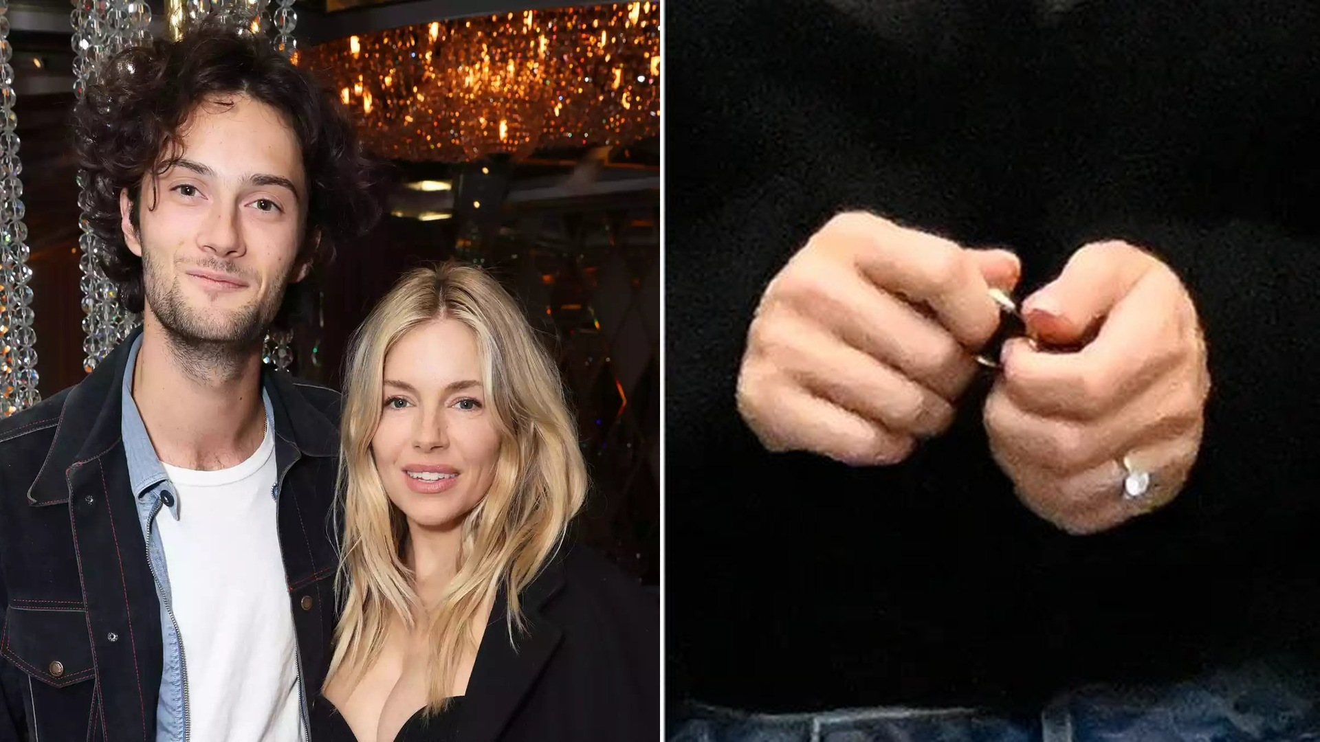 Oli Green and Sienna Miller posing together at a venue with crystal chandeliers, alongside a close-up of a diamond engagement ring on a Miller's hand.