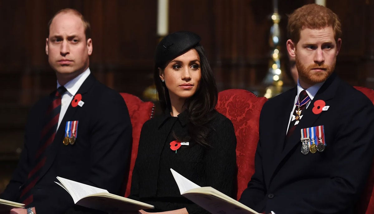 Prince William, Meghan Markle and Prince Harry in formal attire with red poppies attend a solemn ceremony, holding open books in an ornate interior.