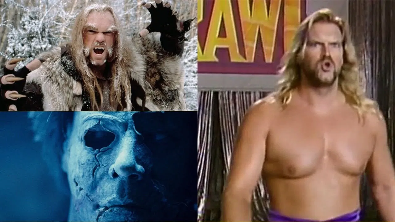 Tyler Mane as Beast in X-Men, as Michael Myers in Halloween, and during his WWE Raw wrestling career, in a three-image grid.