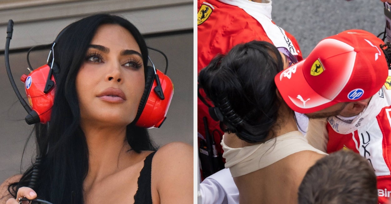 Kim Kardashian wearing red Ferrari headphones at a Formula 1 race event, shown in two photos from different angles.