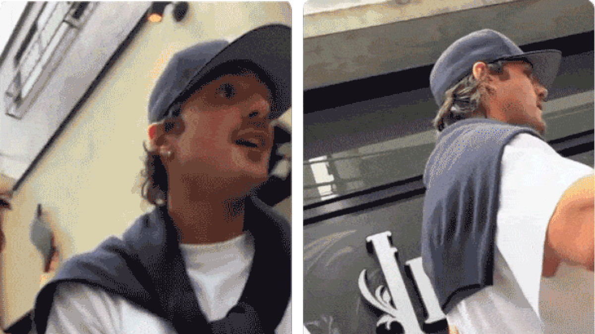 A person wearing a gray baseball cap and dark jacket over a white shirt, shown from two angles.