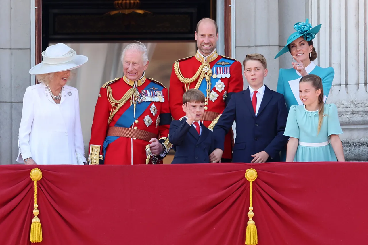 Queen Camilla, King Charles, Prince William, Prince Louis, Prince George, Kate Middleton, and Princess Charlotte on the Buckingham Palace balcony at Trooping the Colour 2025.