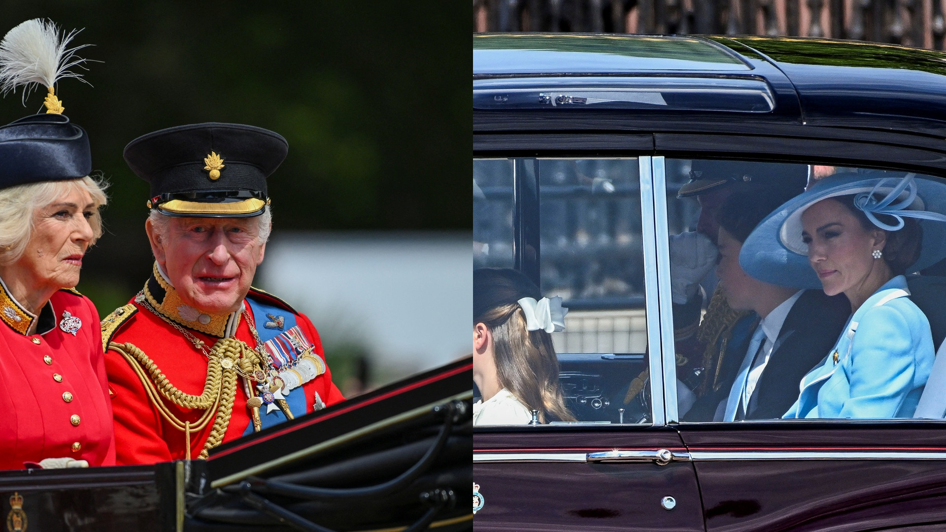 Queen Camilla and King Charles in full military uniform in an open carriage, alongside Kate Middleton with Princess Charlotte and Prince Louis in a state car at Trooping the Colour.