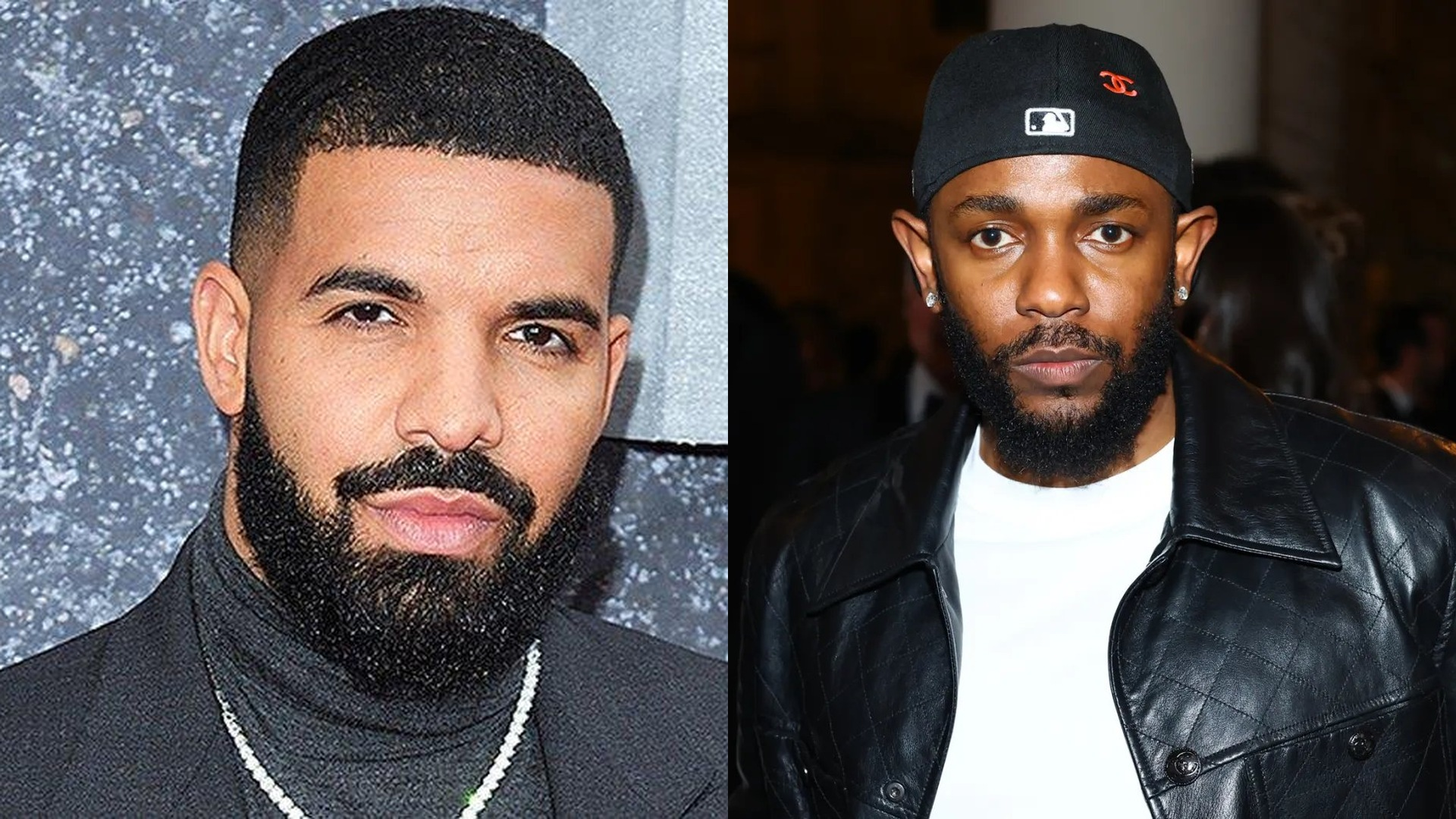 Drake and Kendrick Lamar in side-by-side portrait shots.