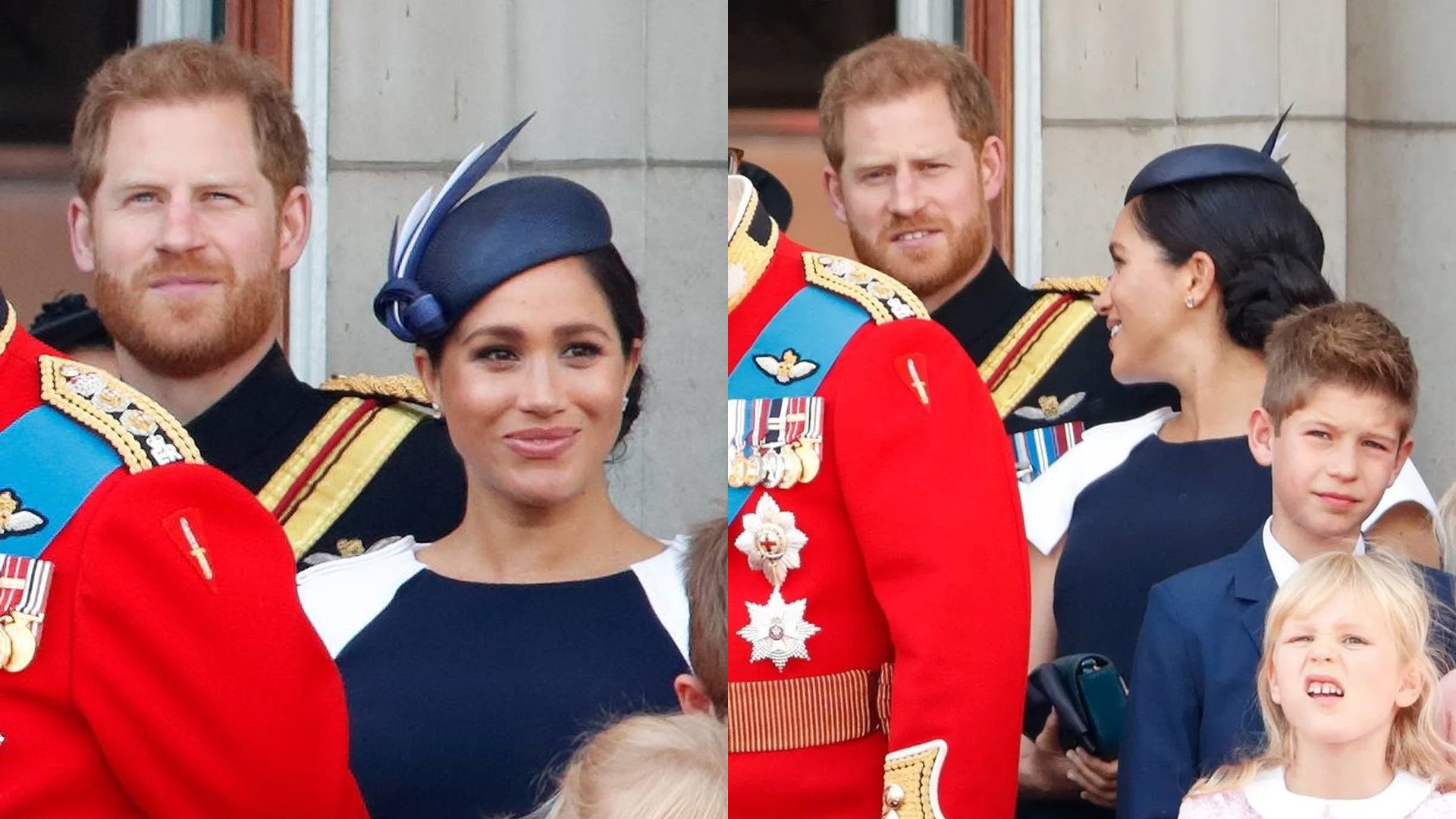 Prince Harry and Meghan Markle on the Buckingham Palace balcony at Trooping the Colour, in two candid shots.