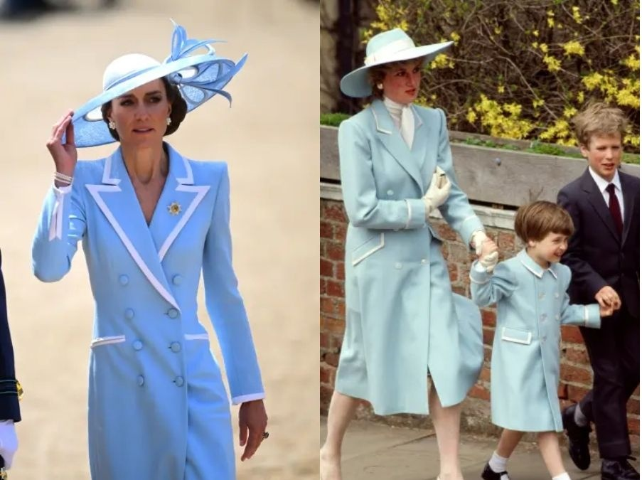 Kate Middleton in a light blue double-breasted coat dress and matching fascinator hat, next to Princess Diana in a light blue coat and wide-brim hat walking with two children.