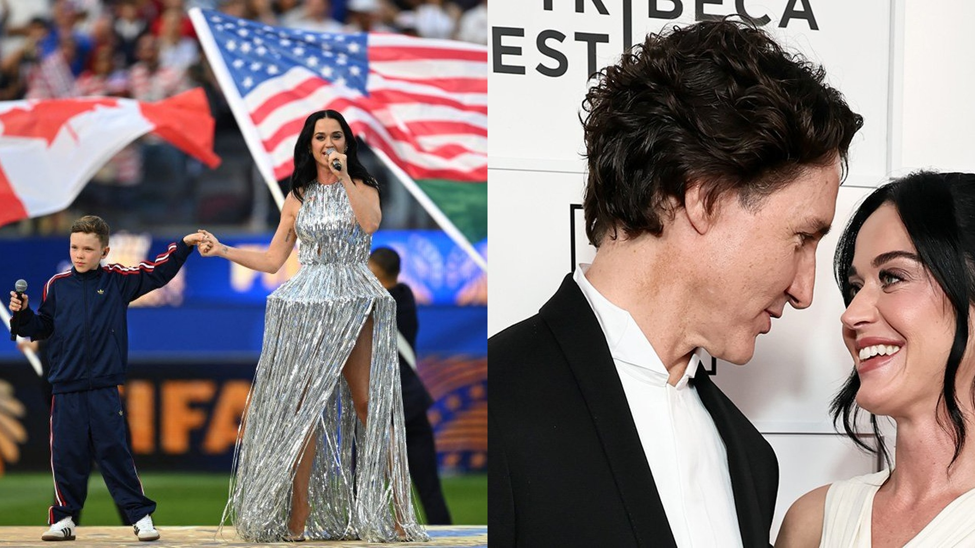 Katy Perry performing in a silver gown at the FIFA World Cup opening ceremony, pictured in a side-by-side profile picture with Justin Trudeau at the Tribeca Festival.