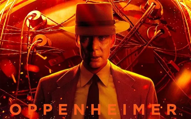 Cillian Murphy as J. Robert Oppenheimer on the official poster for the film Oppenheimer.