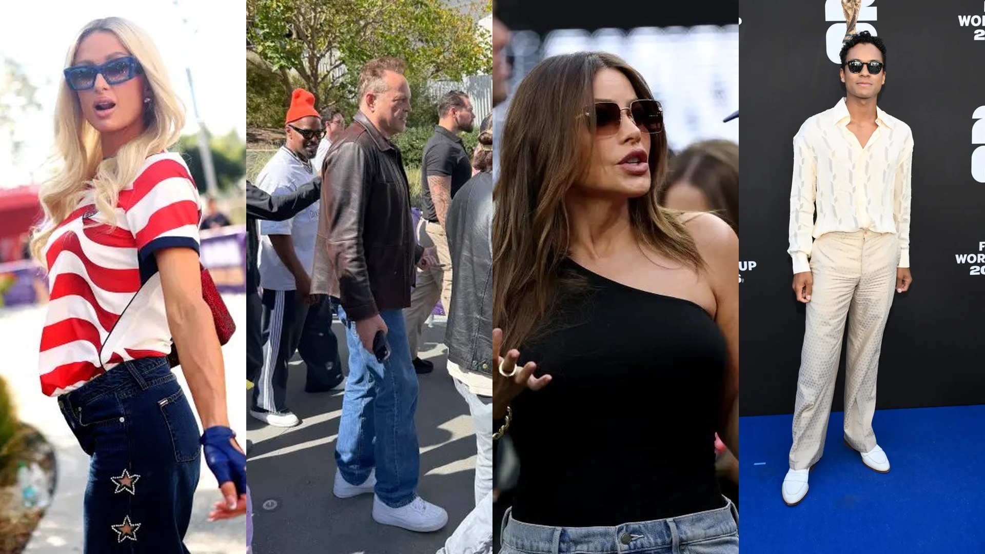 Paris Hilton, Jamie Foxx and Vince Vaughn, Sofia Vergara and Jaafar Jackson pictured in a side-by-side profile picture at the FIFA World Cup 2026.