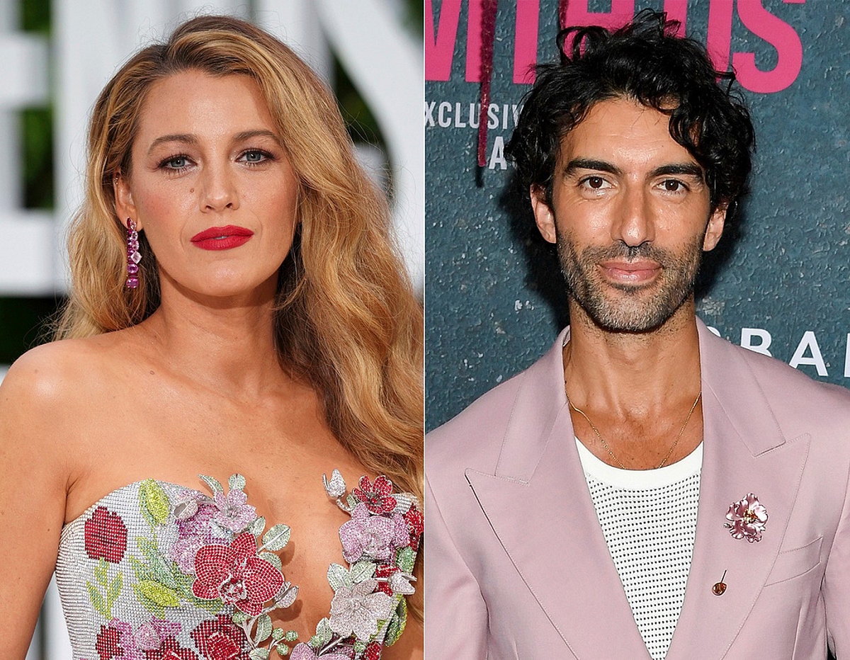Blake Lively and Justin Baldoni side-by-side image: Blake with blonde wavy hair and red lipstick in floral dress; Baldoni with dark hair and beard in pink blazer.