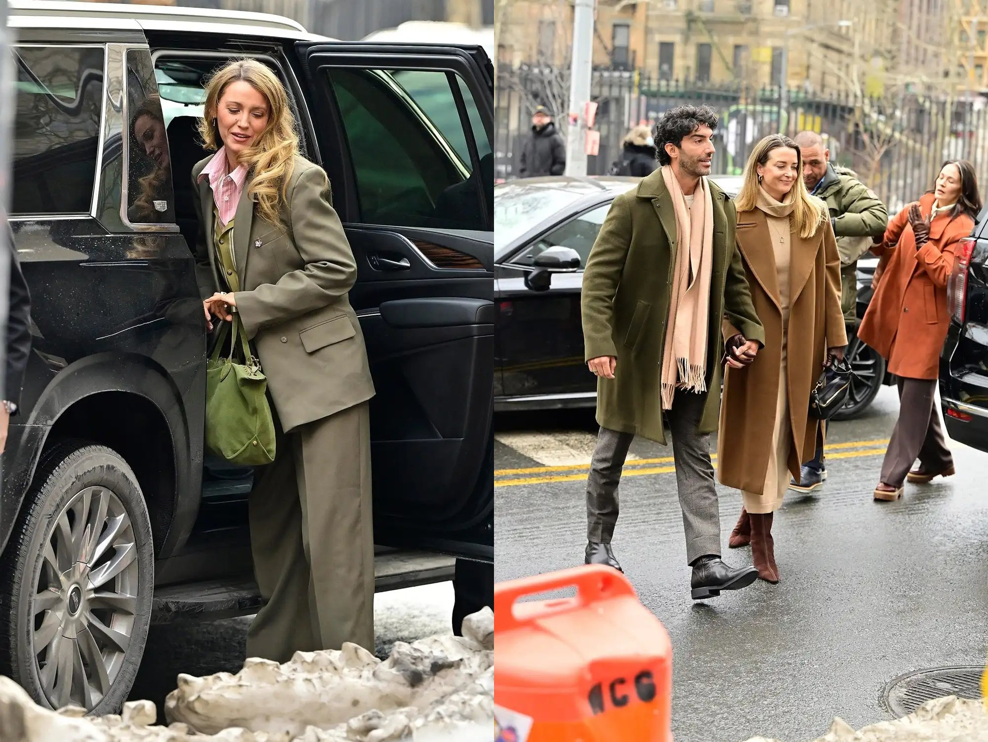 Blake Lively stepping out of an SUV and Justin Baldoni walking hand-in-hand with wife Emily in New York City ahead of their court-ordered settlement conference on 1 February 2026.