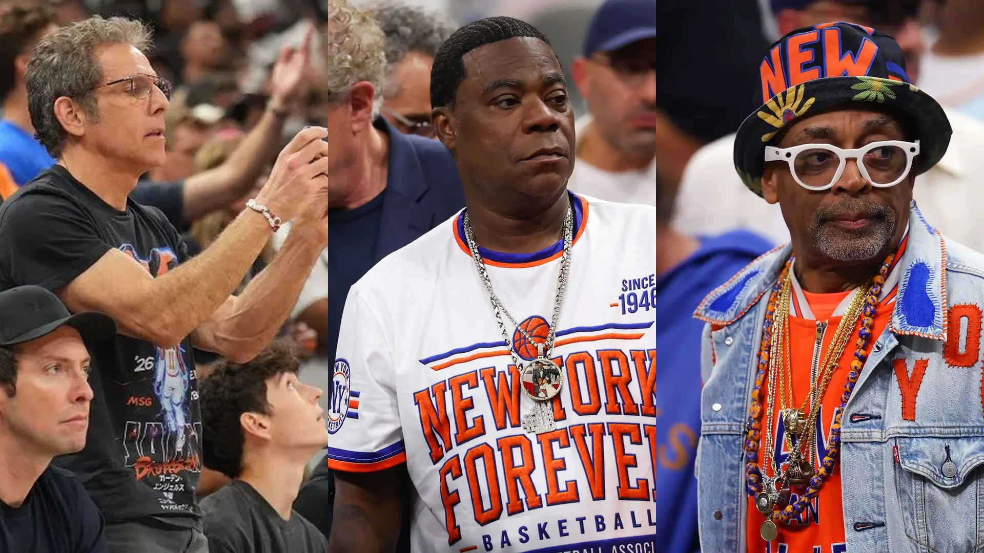 Ben Stiller, Tracy Morgan and Spike Lee pictured separately in a crowd at a New York Knicks game.