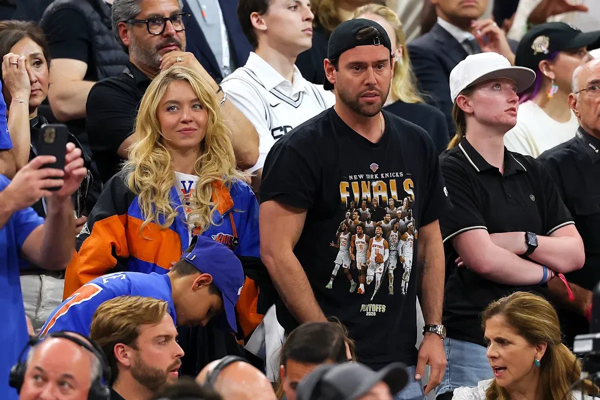 Sydney Sweeney and Scooter Braun pictured together in a crowd at a New York Knicks game.