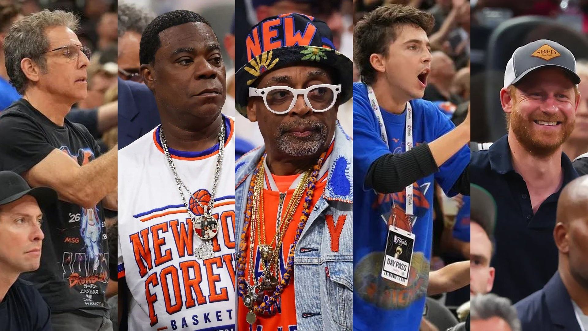 Ben Stiller, Tracy Morgan, Spike Lee, Timothée Chalamet and Prince Harry pictured separately in a crowd at a New York Knicks game.