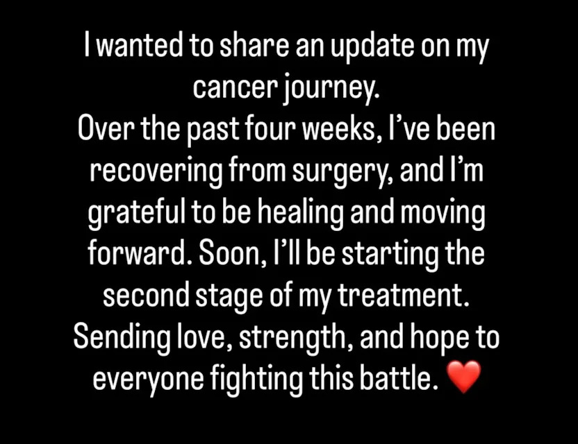 Screenshot of an Instagram post sharing a cancer journey update about post-surgery recovery and upcoming treatment with a red heart emoji.