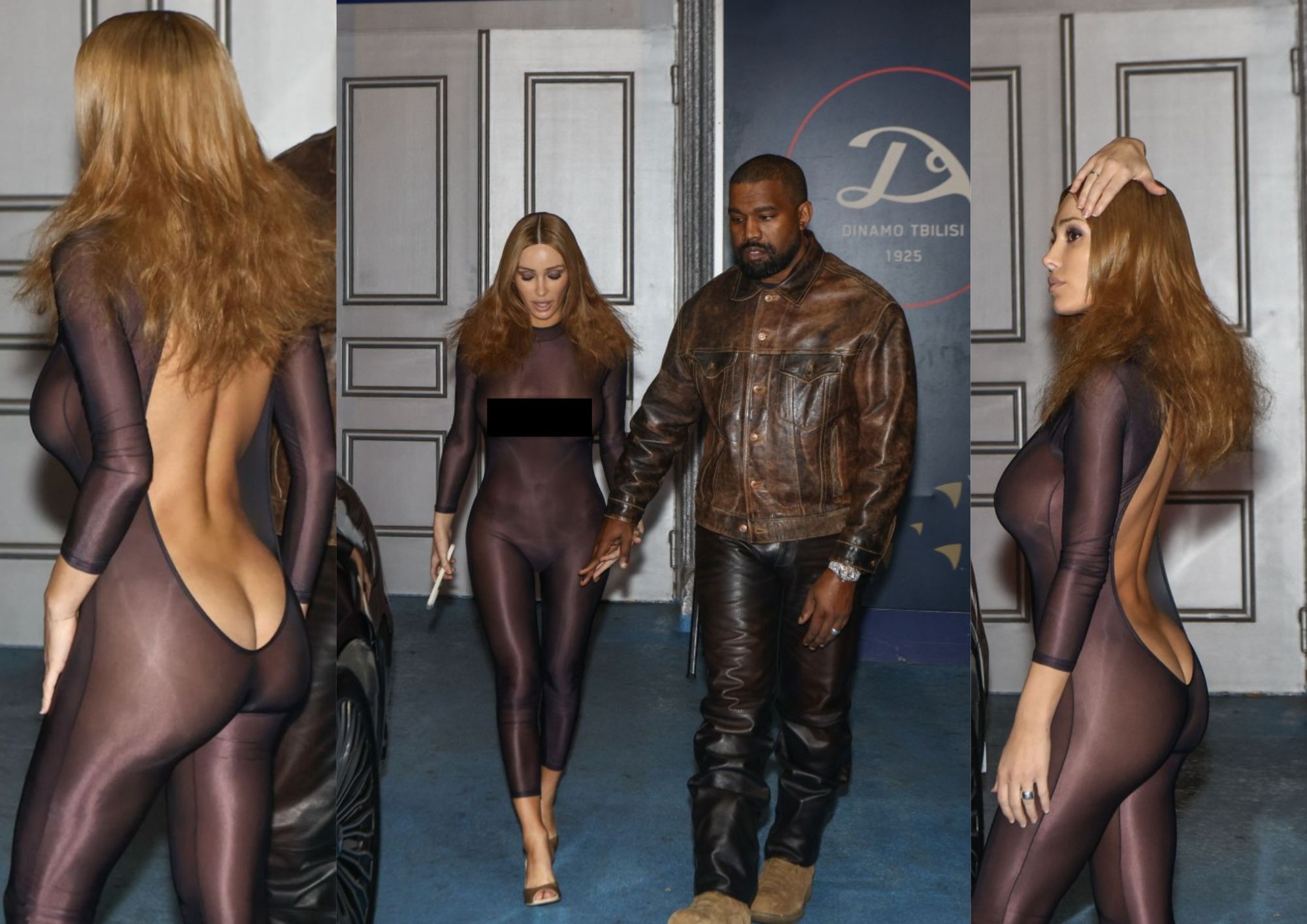 A three picture side by side image with Bianca Censori in sheer red skintight clothing with Kanye West holding her hand wearing brown leather jacket in center image only