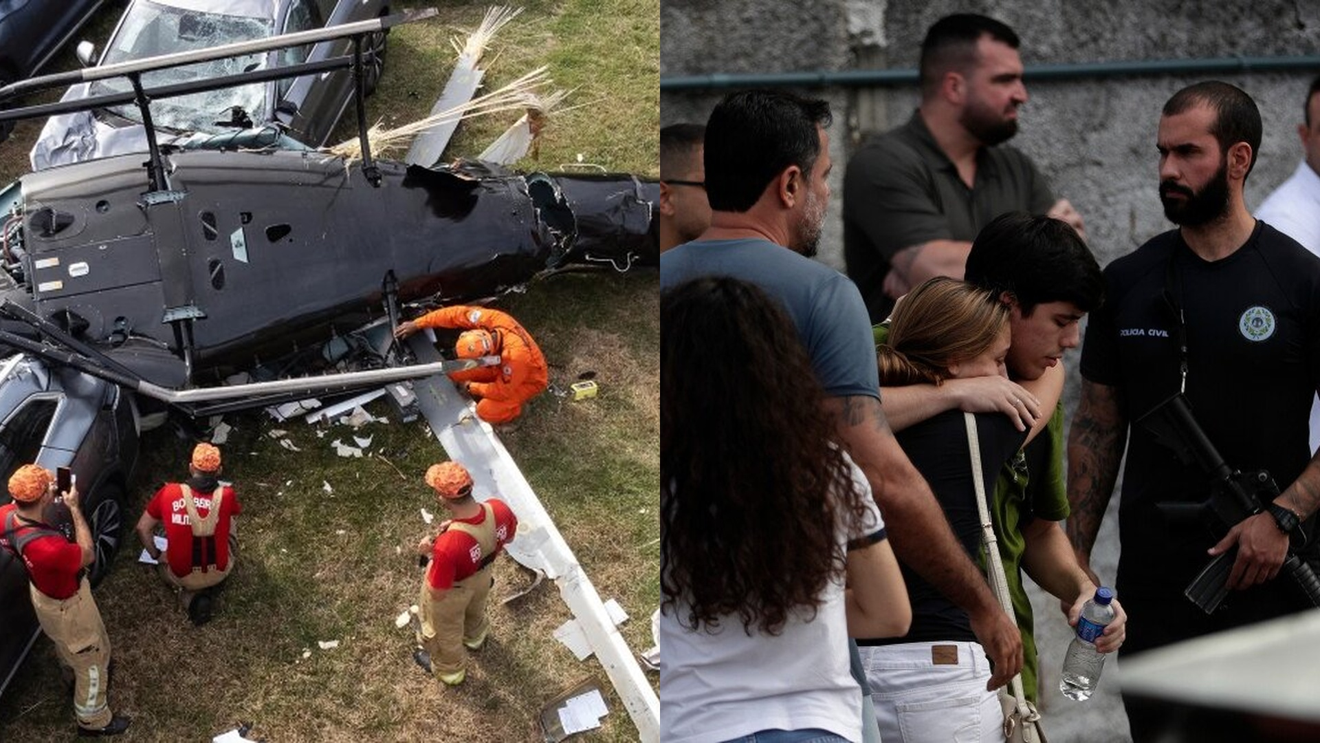 Rescue workers examining a crashed helicopter in a parking lot, next to a grieving woman being comforted by a man as armed police officers stand nearby.