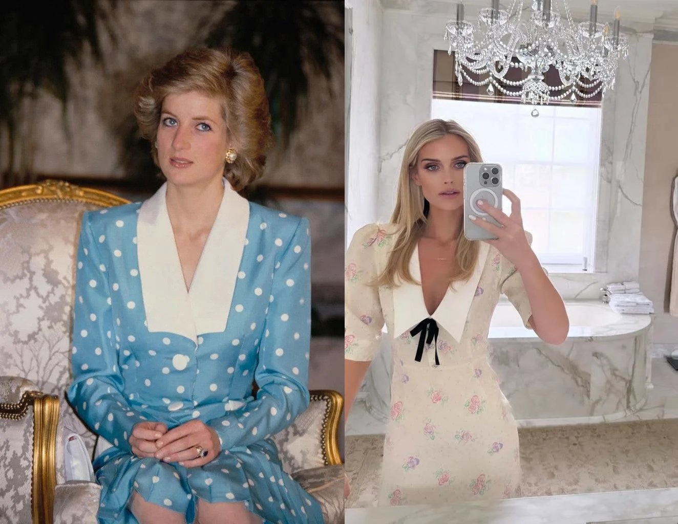 Princess Diana seated in a blue and white polka dot dress, next to Lady Kitty Spencer taking a mirror selfie in a floral dress in a bathroom.