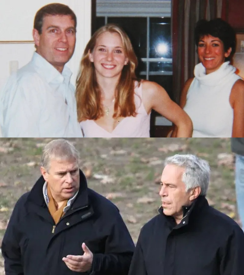 Top: Prince Andrew, Virginia Giuffre, and Ghislaine Maxwell (2001). Bottom: Prince Andrew with Jeffrey Epstein in Central Park (2010).