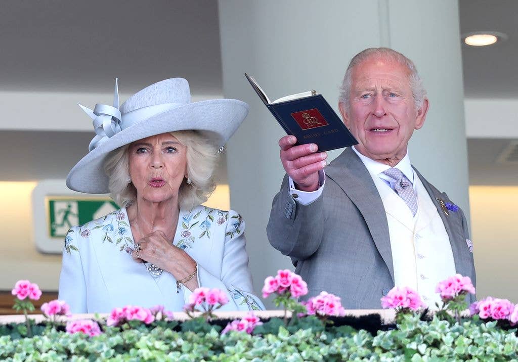 Queen Camilla and King Charles at a formal outdoor event, with pink flowers in the foreground and one holding a book.