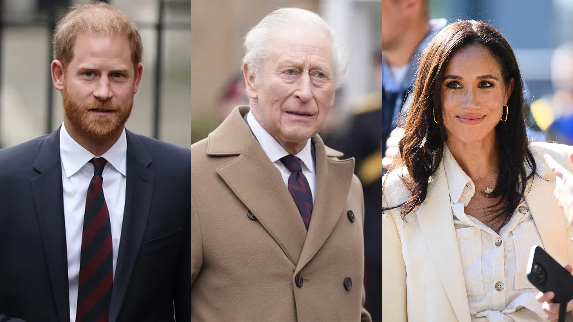 Prince Harry, King Charles, and Meghan Markle pictured in a three-panel composite, Harry and Charles both in suits and ties, Meghan in a cream jacket with gold hoop earrings.