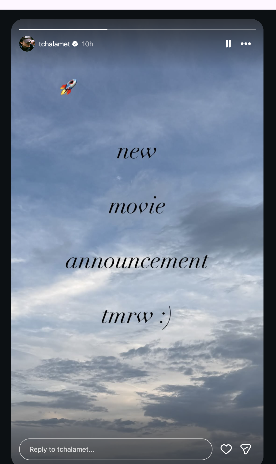 An Instagram Story with a cloudy sky background and the text