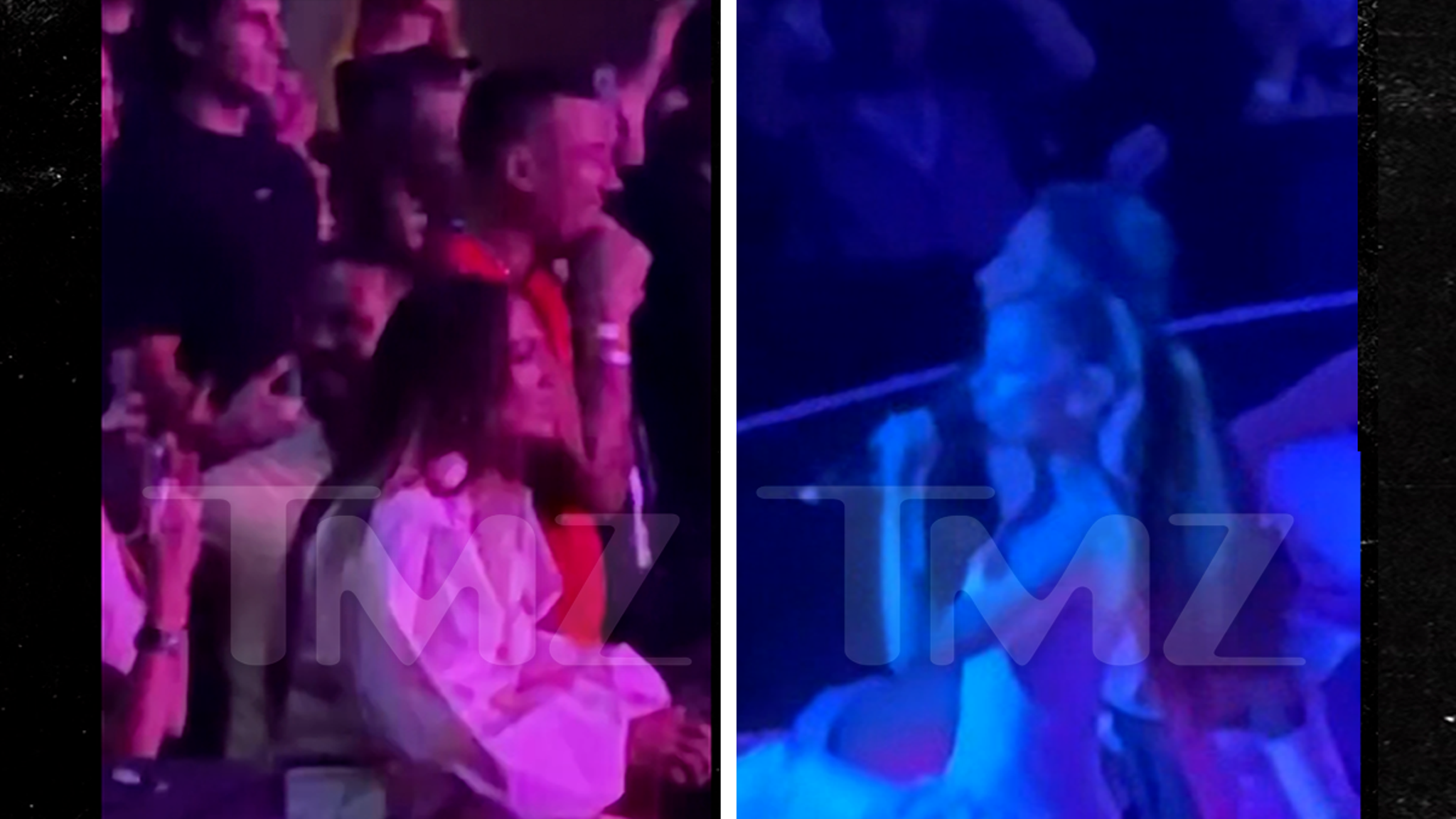 Two blurry concert venue stills from a TMZ video showing figures in a crowd under pink and blue stage lighting.