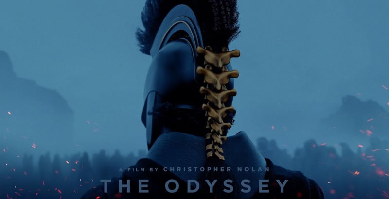 Matt Damon, Tom Holland, and Robert Pattinson smiling together at a promotional event for The Odyssey