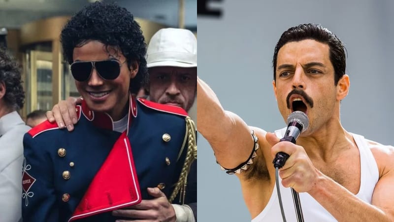 A promotional still from the Michael Jackson biopic Michael, showing actor Jaafar Jackson performing on stage in a glittering costume