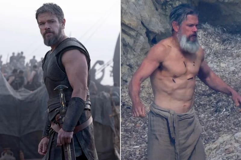 Two images of a muscular bearded Matt Damon in ancient warrior costumes — one in full battle armour on Odyssey film set , and one shirtless among rocky terrain.
