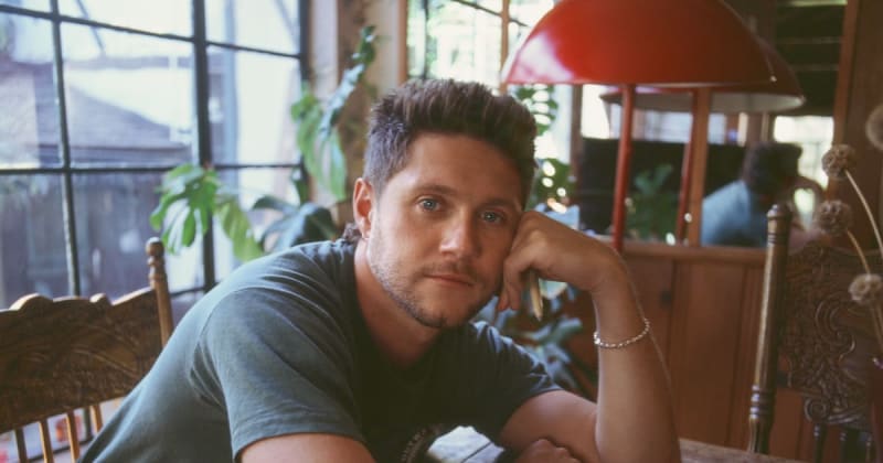Niall Horan wearing a blue t-shirt leans against a chair in a sunlit room with plants and wooden furniture.