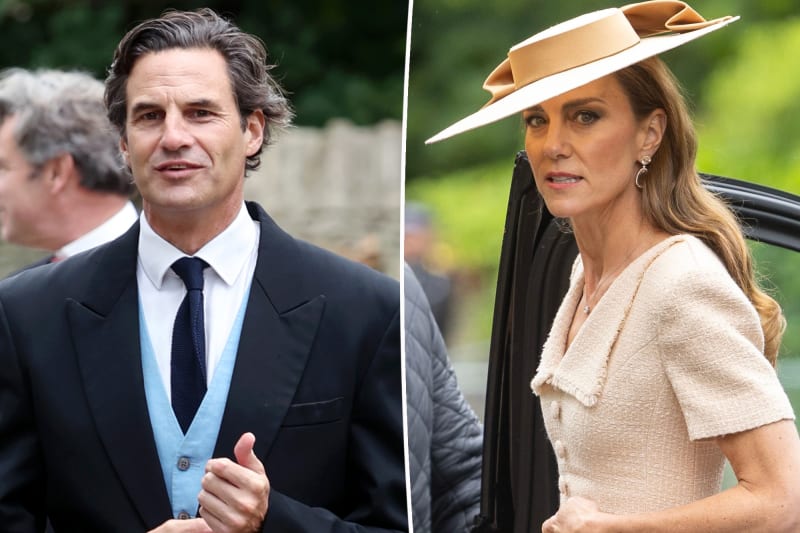 Side-by-side portrait of Kate middleton and Rupert Finch at formal outdoor event: Finch in a navy suit with blue tie on the left, Middleton in a cream jacket with a tan and white hat on the right.
