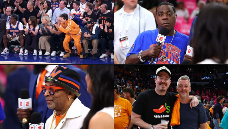 Timothée Chalamet, Tracy Morgan, Spike Lee, and Shane Gillis with Matt McCusker at a New York Knicks game.