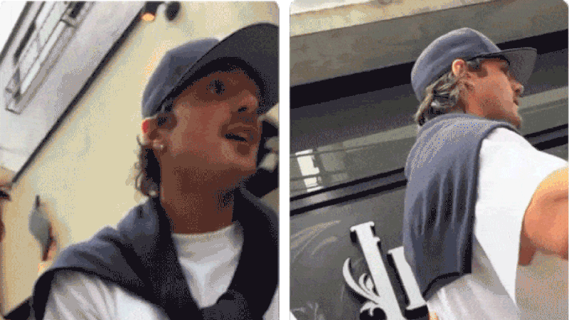 A person wearing a gray baseball cap and dark jacket over a white shirt, shown from two angles.