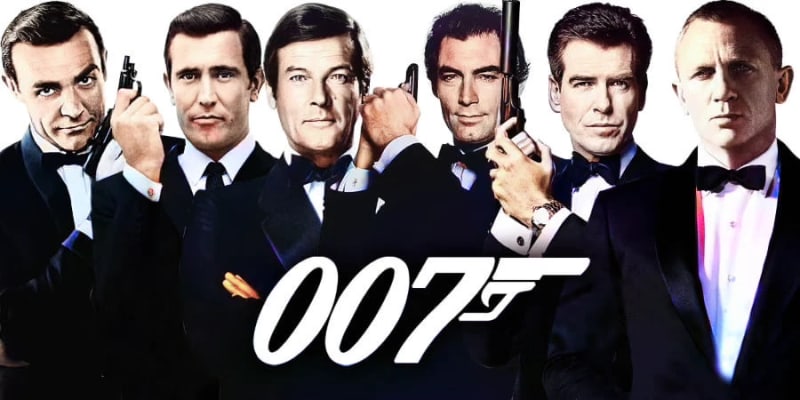 All six James Bond actors — Sean Connery, George Lazenby, Roger Moore, Timothy Dalton, Pierce Brosnan, and Daniel Craig — posing with the 007 logo.