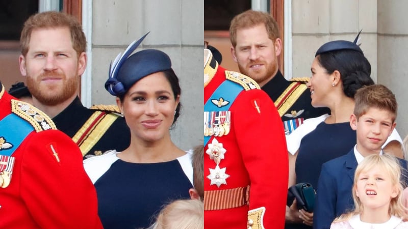 Prince Harry and Meghan Markle on the Buckingham Palace balcony at Trooping the Colour, in two candid shots.
